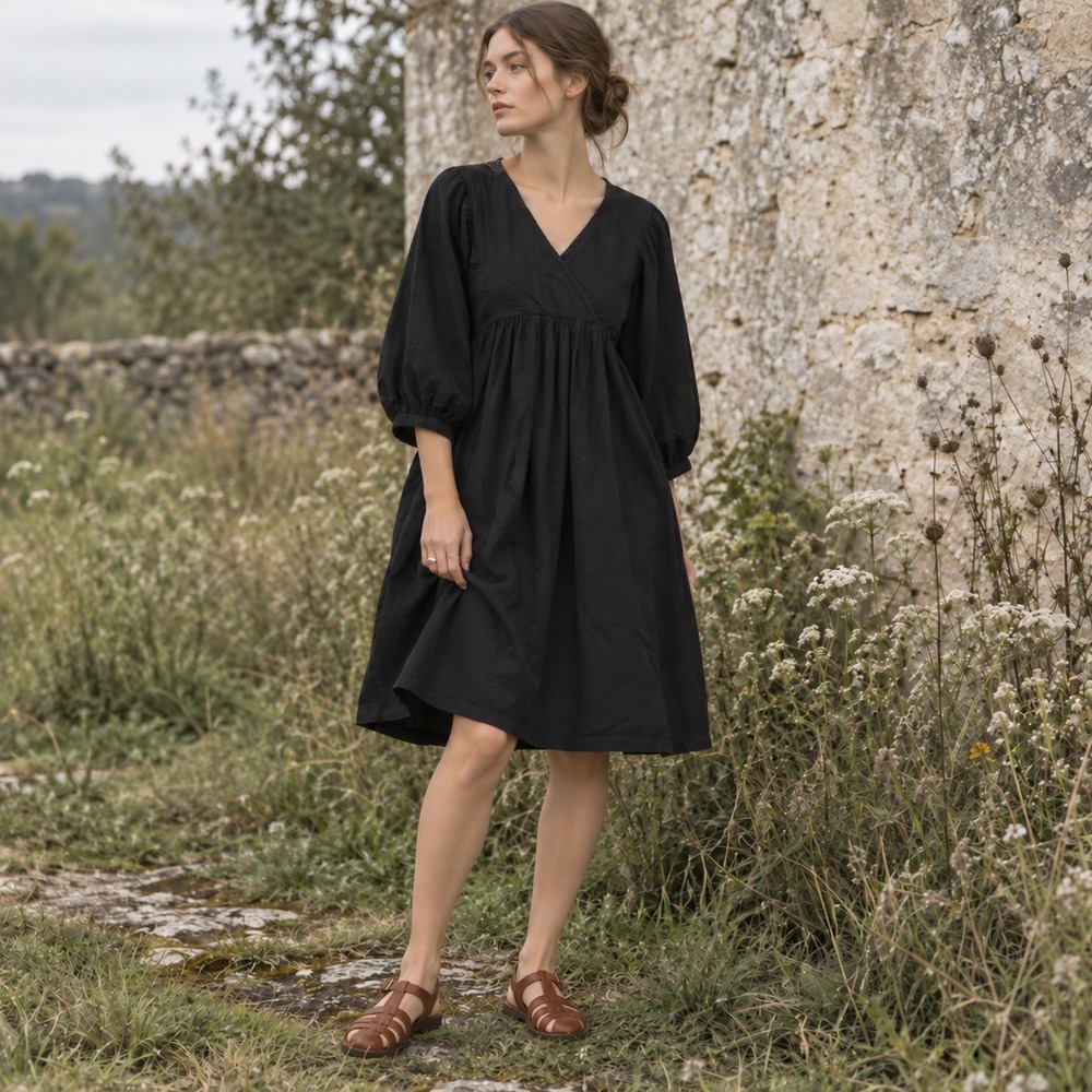 Gudrun Sjoden Tunic Dress Womens L Black Organic Cotton Balloon Sleeve Lagenlook